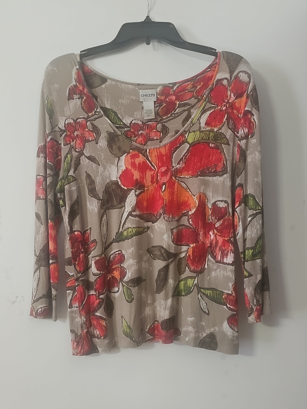 Chico's Taupe Scoop Neck Top with Red Floral Print